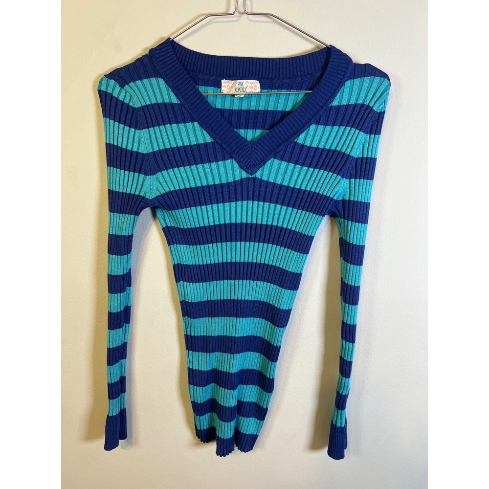 Pink Republic Womens Sweater Ribbed Knit Striped Blue L